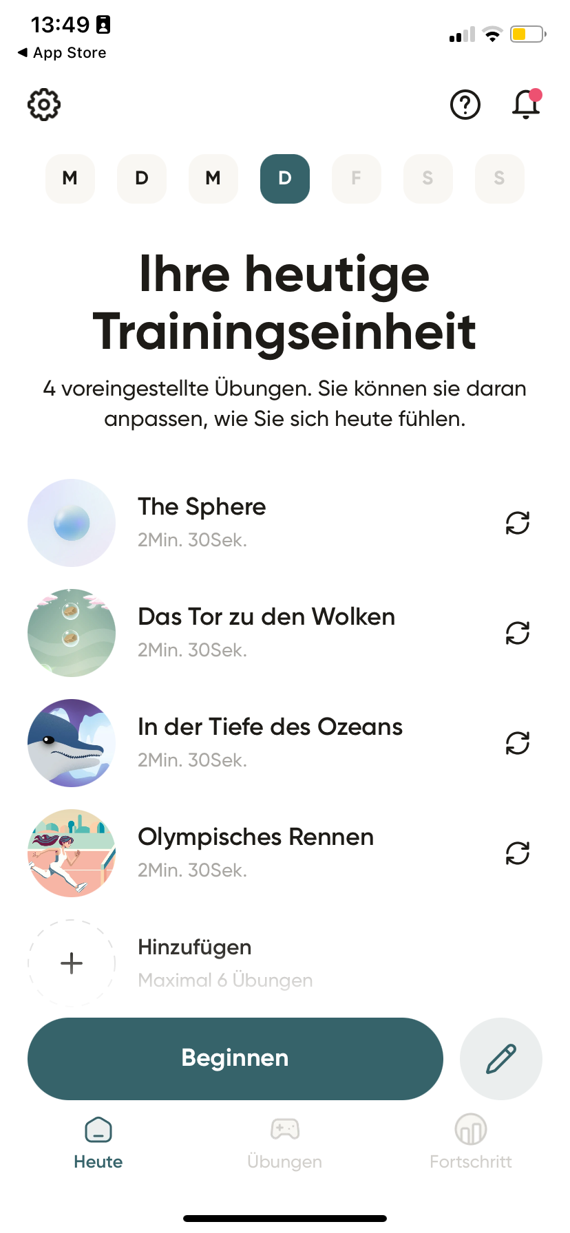 Perifit App Screenshot mit heutiger Trainingseinheit